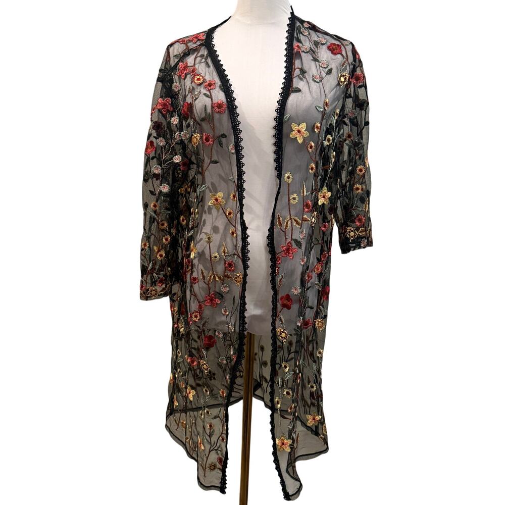 Vivid Floral Black Embroidered  Sheer Mesh Duster Kimono XL Romantic Garden
